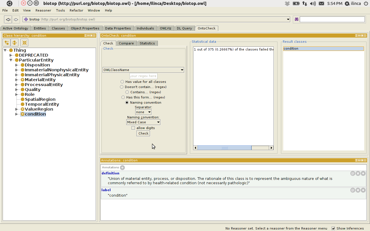 The Check Tab of the OntoCheck Protege plugin