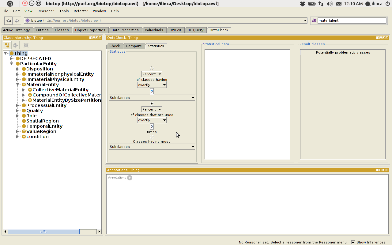 The Statistics tab of the OntoCheck Protege plugin